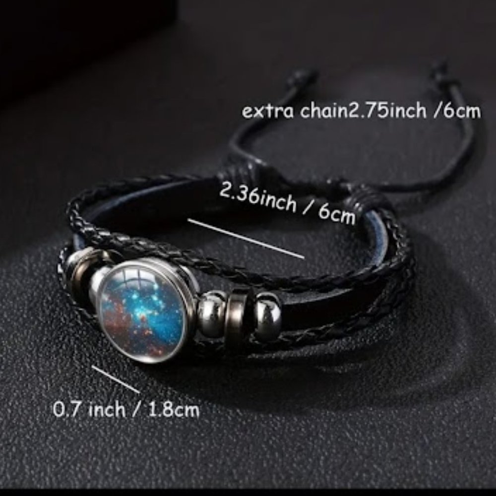 Cosmic Nebula Bracelet Glass Cabochon Gemstone PU Black Leather Bracelet